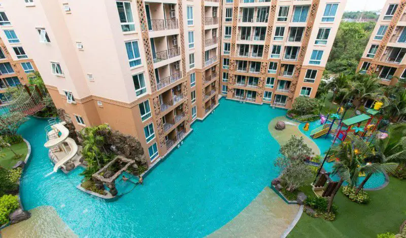 1 bed Condo Jomtien with model beach, waterfall curtain pool, river bridge, giant ship, or a children's water park. 
