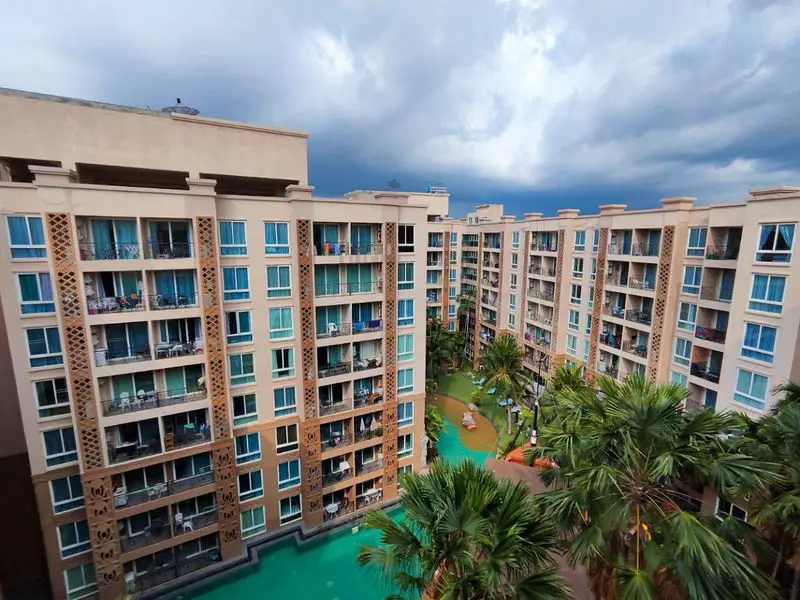  1 bed Condo Jomtien with model beach, waterfall curtain pool, river bridge, giant ship, or a children's water park. 