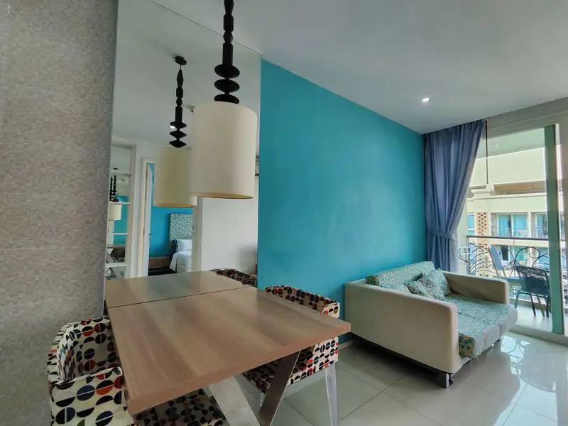  1 bed Condo Jomtien with model beach, waterfall curtain pool, river bridge, giant ship, or a children's water park. 