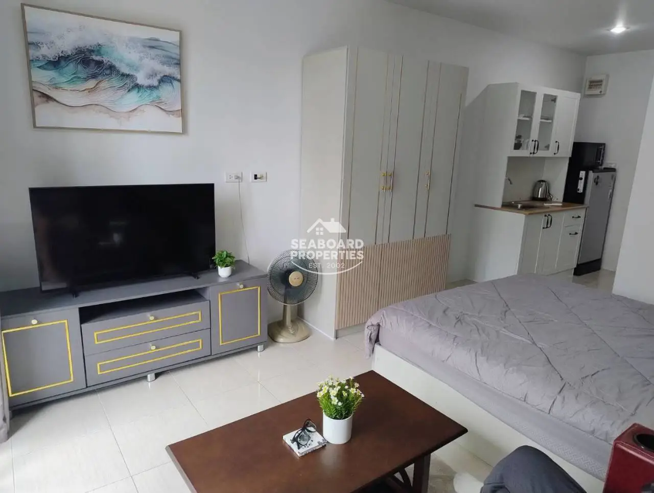 A.D. Lake and Resort Condominium for Rent in Bangsaray Pattaya - Studio Bedroom Layout and TV Corner