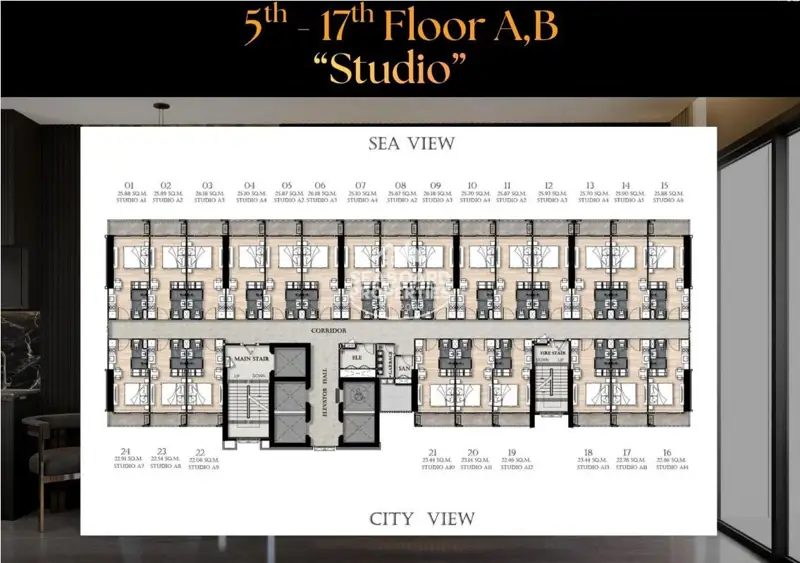 Grand Bay View Central Pattaya - Studio Unit Detailed Floor Plan Layout