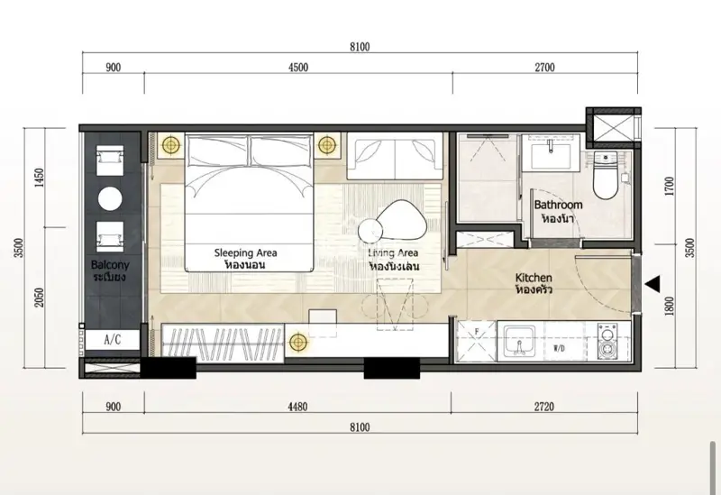 Level Pratumnak - Studio Unit Floor Plan Layout